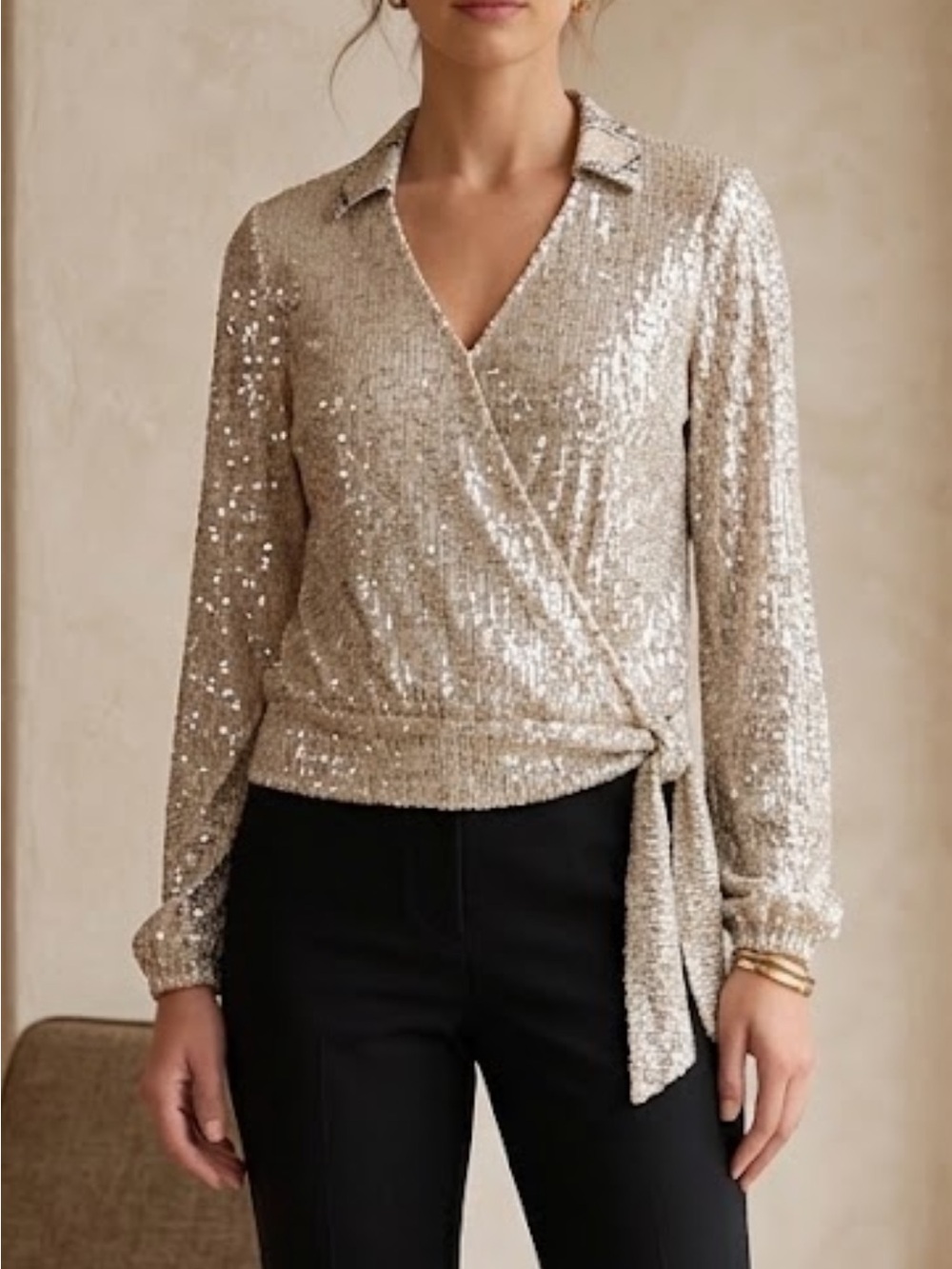 Sequin Wrap Blouse in silver/champagne - Women's Top. iNC